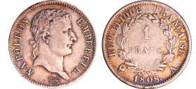 Napoléon 1er (1804-1814) - 1 franc revers république 1808 A (Paris)
TTB
Ga.446-F.204
 Ar ; 4.95 gr ; 23 mm
