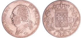 Louis XVIII (1815-1824) - 5 francs au buste nu 1823 Q (Perpignan)
TB+
Ga.614-F.309
 Ar ; 24.85 gr ; 37 mm