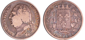 Louis XVIII (1815-1824) - 1 franc au buste nu 1822 A (Paris)
TB
Ga.449-F.206
 Ar ; 4.84 gr ; 23 mm