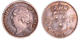 Louis XVIII (1815-1824) - 1/4 de franc buste nu 1824 A (Paris)
TTB
Ga.352-F.163
 Ar ; 1.25 gr ; 15 mm