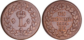 Louis XVIII (1815-1824) - Un décime Blocus de Strasbourg 1814 BB
TTB
Ga.196-F.132
 Cu ; 22.73 gr ; 32 mm