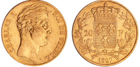 Charles X (1824-1830) - 20 francs 1827 W (Lille)
TTB+
Ga.1029-F.520
 Au ; 6.42 gr ; 21 mm