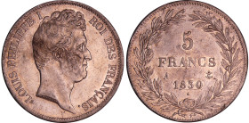 Louis-Philippe Ier (1830-1848) - 5 francs tête nue tranche en creux 1830 A (Paris)
SUP+
Ga.676-F.315
 Ar ; 24.92 gr ; 37 mm