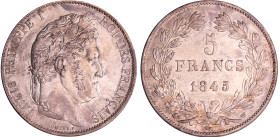 Louis-Philippe Ier (1830-1848) - 5 francs tête laurée 3ème type 1845 W (Lille)
SUP+
Ga.678a-F.325
 Ar ; 25.02 gr ; 37 mm