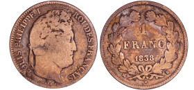 Louis-Philippe Ier (1830-1848) - 1 franc tête laurée 1838 B (Rouen)
B+
Ga.453-F.210
 Ar ; 4.81 gr ; 23 mm