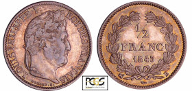 Louis-Philippe Ier (1830-1848) - 1/2 franc 1843 B (Rouen)
PCGS AU 58
Ga.408-F.182
 Ar ; 2.47 gr ; 18 mm