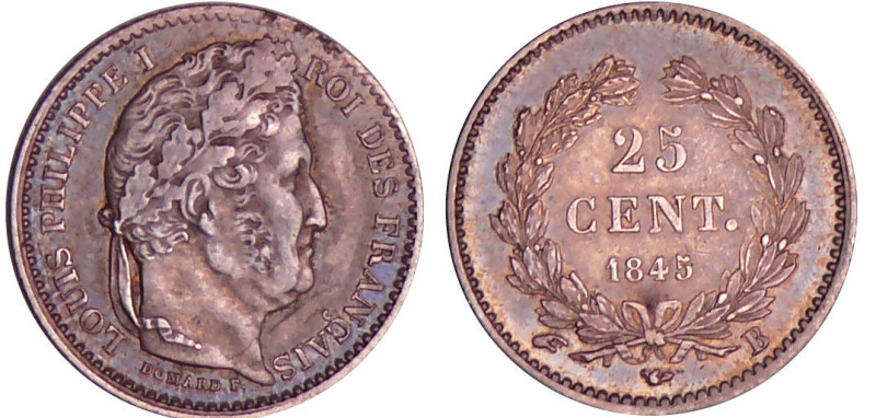 Louis-Philippe Ier (1830-1848) - 25 centimes 1845 B (Rouen)
SUP
Ga.357-F.167
...