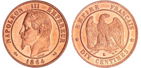 Napoléon III (1852-1870) - 10 centimes tête laurée 1864 K (Bordeaux)
Ga.253-F.134
 Br ; 9.95 gr ; 30 mm