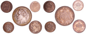 Napoléon III (1852-1870) - Lot de 5 monnaies 20 centimes tête laurée petit module et grand module, 50 centimes et 2 francs
TTB à SUP
Ga.308-Ga.309-G...