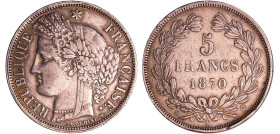 Gouvernement de défense nationale (1870-1871) - 5 francs Cérès sans légende 1870 K (Bordeaux)
TTB
Ga.742-F.332
 Ar ; 24.98 gr ; 37 mm