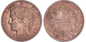 Gouvernement de défense nationale (1870-1871) - 5 francs Cérès avec légende - 1870 A (Paris)
TTB
Ga.743-F.333
 Ar ; 24.72 gr ; 37 mm