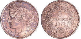 Gouvernement de défense nationale (1870-1871) - 5 francs Cérès avec légende - 1870 A (Paris)
SUP+
Ga.743-F.333
 Ar ; 24.95 gr ; 37 mm