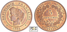 Troisième république (1871-1940) - 5 centimes Cérès 1886 A (Paris)
PCGS MS 64 RB
Ga.157-F.118
 Br ; 5.01 gr ; 25 mm