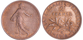 Troisième république (1871-1940) - 2 francs Semeuse 1914 C
SUP+
Ga.532-F.266
 Ar ; 9.95 gr ; 27 mm