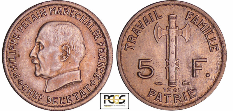 Etat Français (1940-1944) - 5 francs maréchal Pétain 1941
PCGS MS 62
Ga.764-F....