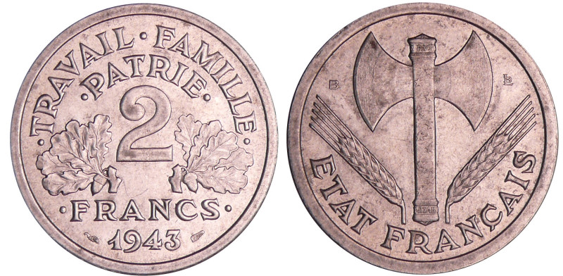 Etat-Français (1940-1944) - 2 francs Bazor 1943 B (Beaumont-le-Roger)
SUP+
Ga....