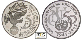 Cinquième république (1959- ) - 5 francs cinquantenaire de l'ONU 1995 BE
PCGS PROOF 65 Deep Cameo
Ga.776
 Cupro-Nickel ; 12.08 gr ; 29 mm