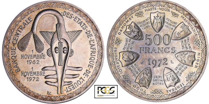 Afrique de l'ouest - 500 francs 1972
PCGS PL 65
KM#7
 Ar ; 24.96 gr ; 37 mm