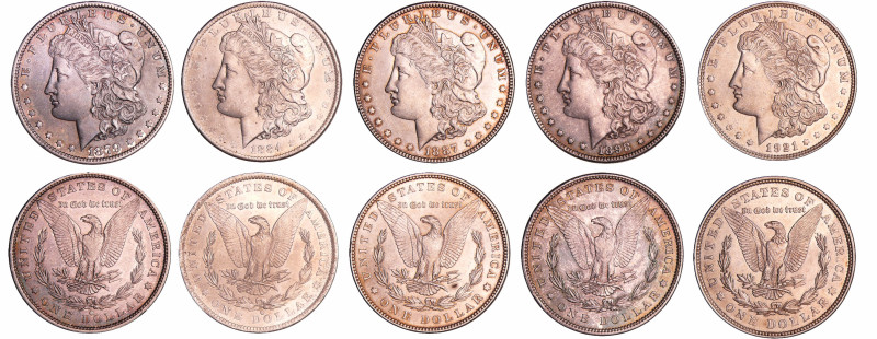 Etats-Unis - Dollar "Morgan" Lot de 5 monnaies 1879 o, 1884 o, 1887, 1898, 1921...