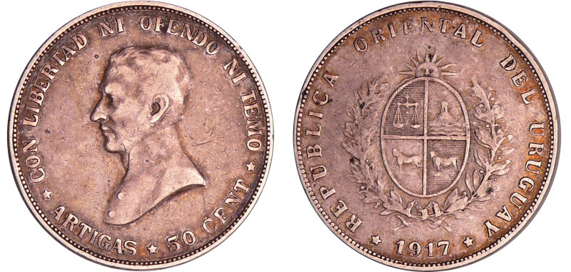 Uruguay - 50 centesimos 1917
TB
KM#22
 Ar ; 12.40 gr ; 30 mm