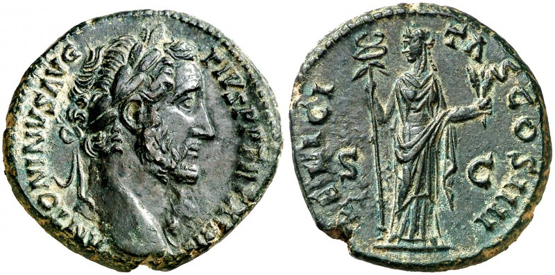 (154-155 d.C.). Antonino pío. As. (Spink falta) (Co. 371 var) (RIC. 937 var). 11...