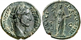 (154-155 d.C.). Antonino pío. As. (Spink falta) (Co. 371 var) (RIC. 937 var). 11,28 g. Bella. EBC-/EBC.
