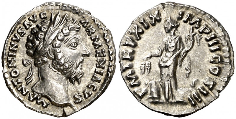 (165 d.C.). Marco Aurelio. Denario. (Spink 4922) (S. 484) (RIC. 142). 3 g. Bella...