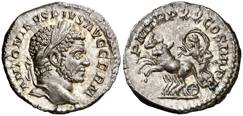 (217 d.C.). Caracalla. Denario. (Spink 6842 var) (S. 395) (RIC. 284d). 3,32 g. M...
