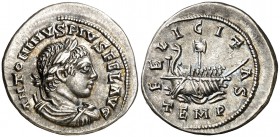 (218-219 d.C.). Eliogábalo. Denario. (Spink 7510) (S. 27a) (RIC. 188). 3,39 g. Bella. Escasa. EBC.