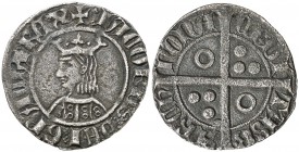 Jaume II (1291-1327). Barcelona. Croat. (Cru.V.S. 336) (Badia 71, mismo ejemplar) (Cru.C.G. 2153). 2,52 g. Dos anillos en las cuatro áreas del vestido...