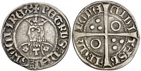 Pere III (1336-1387). Barcelona. Croat. (Cru.V.S. 409.1 var) (Cru.C.G. 2225a var). 3 g. Flores de seis pétalos y T en el vestido. Sin puntuación entre...