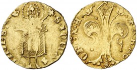 Alfons IV (1416-1458). València. Florí. (Cru.V.S. 810.1) (Cru.C.G. 2833). 3,43 g. Marcas: corona y losanje partido en aspa a los pies del santo. Atrac...