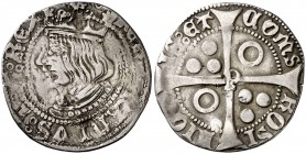 Ferran II (1479-1516). Perpinyà. Croat. (Cru.V.S. 1152) (Badia 937, mismo ejemplar) (Cru.C.G. 3072d). 3,02 g. Doble acuñación del reverso. Ex Colecció...
