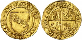 Juan II (1406-1454). Sevilla. Dobla de la banda. (AB. 617.1 var) (M.R. 16.7 var). 4,53 g. Punto en 2º y 4º cuartel. Leones sin corona. MBC+.
