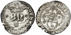 Enrique IV (1454-1474). Sevilla. Medio real. (AB. 701 falta var). 1,61 g. Orla circular en anverso y de cuatro lóbulos en reverso. Oxidaciones. No fig...