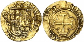 s/d. Fernando y Juana. Toledo. 1 escudo. (Cal. falta) (Tauler falta). 3,20 g. Leves defectos de cospel. Rarísima. MBC-.