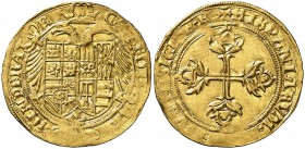 s/d. Carlos I. Barcelona. 1 escudo. (Cal. 14) (Cru.C.G. 4197 sim, de Nápoles). 3,36 g. Acuñada para la expedición a Túnez. Bella. Ex Colección Isabel ...