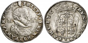 1582. Felipe II. Milán. 1/2 escudo. (Vti. 37) (MIR. 314/6 var). 15,90 g. Mínimas hojitas. Preciosa pátina. Ex Bank Leu 22/10/1996, nº 429. Rara. MBC+....