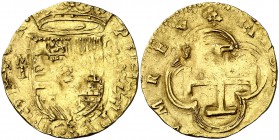 s/d. Felipe II. Toledo. M. 2 escudos. (Cal. 92). 6,73 g. Acuñación descuidada. Escasa. (MBC-).