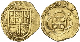 s/d. Felipe II. Sevilla. . 4 escudos. (Cal. 11 var.) (Tauler 11 var). 13,51 g. Marca de ceca pequeña. Ex Colección Isabel de Trastámara 26/05/2016, nº...