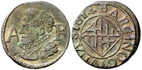 1614. Felipe III. Barcelona. 1 ardit. (Cal. 594) (Cru.C.G. 4345b). 1,55 g. Buen ejemplar. MBC+.