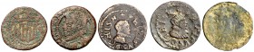 s/d y 1600. Felipe III. Granollers. 1 diner. Lote de 4 monedas, una con el anverso incuso. La de 1600 rara. BC/MBC.