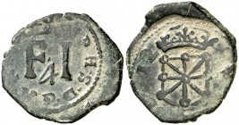 (16)12. Felipe III. Pamplona. 4 cornados. (Cal. falta). 2,86 g. Escudo sin P-A. Muy rara. MBC.