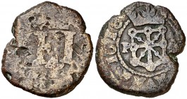 1616. Felipe III. Pamplona. 4 cornados. (Cal. 731). 5,09 g. Escudo entre P-A. Golpes. (BC+/MBC-).
