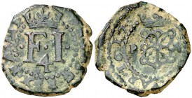 1617. Felipe III. Pamplona. 4 cornados. (Cal. 732). 4 g. Escudo entre P-A. Escasa. MBC.
