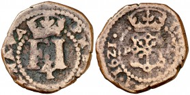 1621. Felipe III. Pamplona. 4 cornados. (Cal. 736). 3,06 g. Escudo entre P-A. Ex Colección Lepanto, Áureo 27/04/1999, nº 339. BC+.