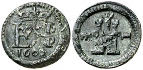 1602. Felipe III. Segovia. 1 maravedí. (Cal. 856). 1 g. Curiosa doble acuñación. Rara. (MBC+).