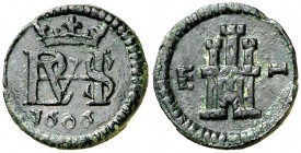 1606. Felipe III. Segovia. 1 maravedí. (Cal. 861). 0,88 g. Buen ejemplar. Rara. MBC+.