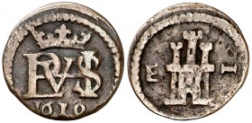 1619. Felipe III. Segovia. 1 maravedí. (Cal. 864). 0,75 g. Ex Áureo 24/10/2000, nº 538. Muy rara. MBC-.