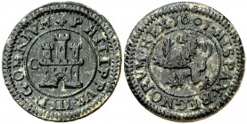 1601. Felipe III. Segovia. 2 maravedís. (Cal. 801, como 4 maravedís). 3,13 g. Buen ejemplar. Rara. MBC+/MBC.